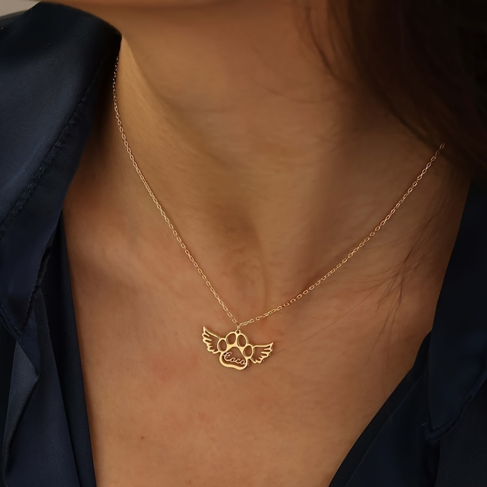 Custom Unique Angel Wings and Paw Print Name Necklace